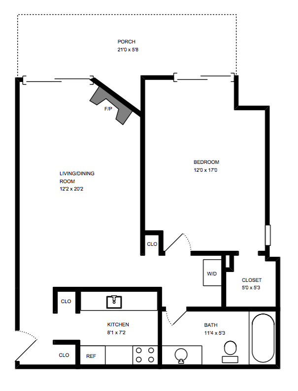 Floor plan for 1 bed, 1 bath, 652 sqft